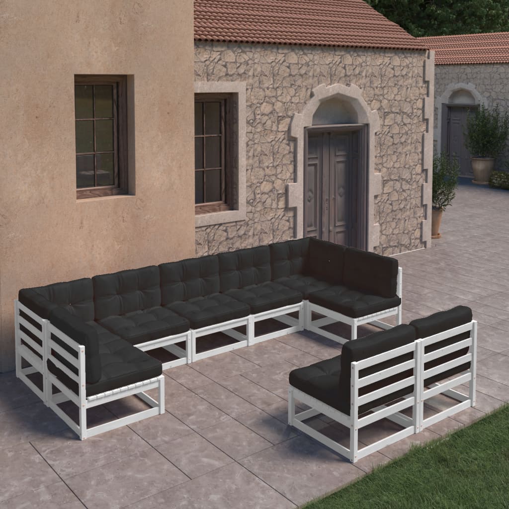 9-tlg. Garten-Lounge-Set mit Kissen Weiss Kiefer Massivholz